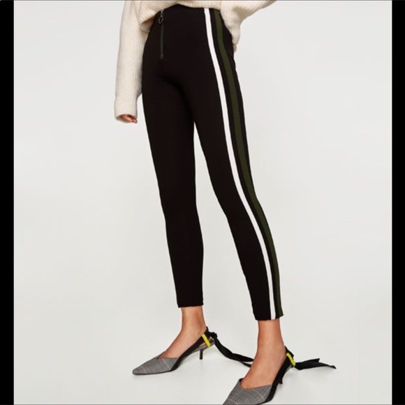 Zara black green/white stripe front zipper pants - Picture 1 of 4
